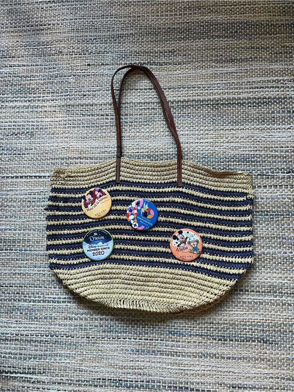 J. Crew Straw Tote with Navy Stripes and Brown Handles